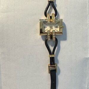 BCBGMAXAZRIA Gold tone, with crystals Black Leather Strap Watch